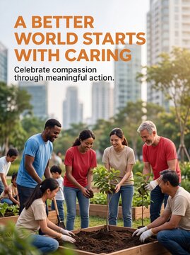 Diverse community volunteers planting trees in urban garden together with adults children planting group smiling adults