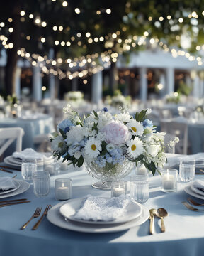 Floral centerpiece and place settings on wedding reception dining table decorated with hanging outdoor string lights.