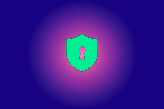 Cybersecurity Shield with Keyhole on Glowing Blue and Purple Gradient Background