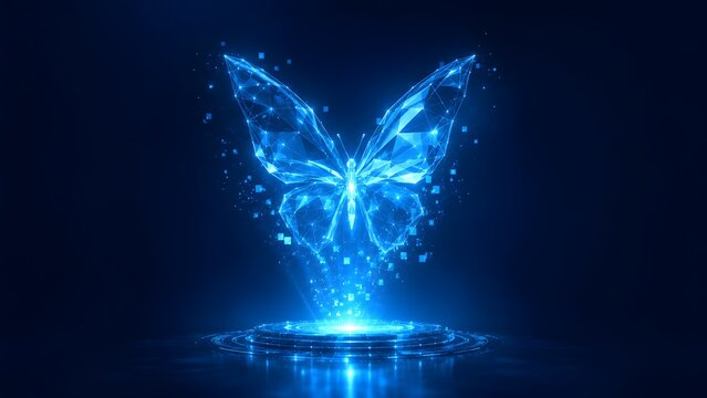 A 3D glowing blue polygonal butterfly hovering over a digital pedestal, representing technological evolution and digital beauty.