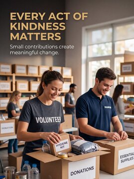 Diverse group of dedicated volunteers packing essential supply boxes for humanitarian relief efforts in community center