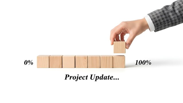 Business professional hand stacking wooden cube to visualize project completion status.