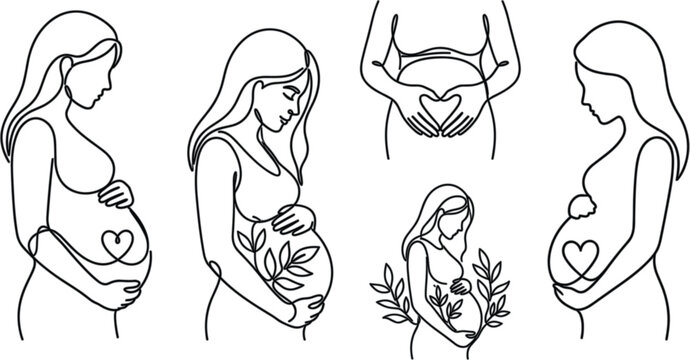 Pregnant woman line art vector set featuring motherhood concepts with hearts leaves and baby bumps