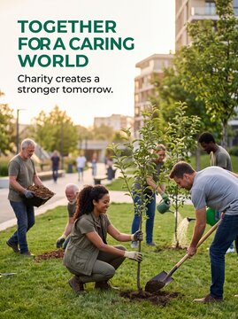 Diverse group of volunteers planting young trees together in urban park during golden hour sunlight with sustainability