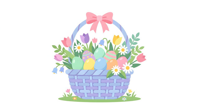 Cute Easter basket filled with colorful eggs and spring flowers