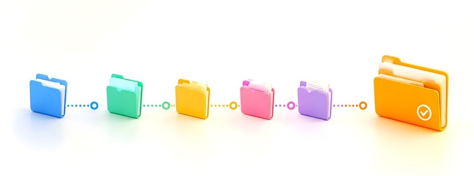 Sequence of colorful 3D file folders connected by dotted lines leading to an approved folder representing data processing workflow and task completion