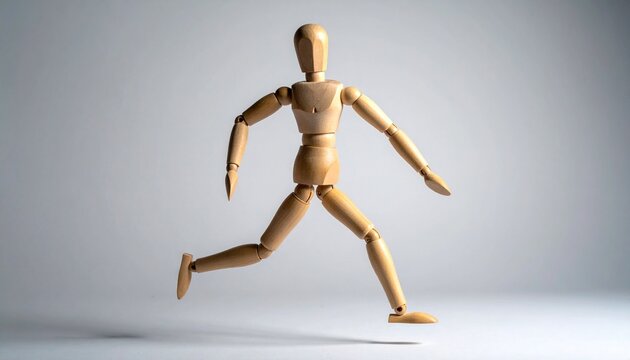Wooden mannequin in running pose, symbolizing motion, anatomy, resilience, artistry, balance, tradition, identity, imagination, discipline, culture, inspiration, creativity, strength.