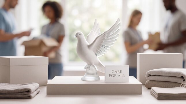 White dove statue with care for all sign on table with dove figurine standing amidst folded towels standing next small