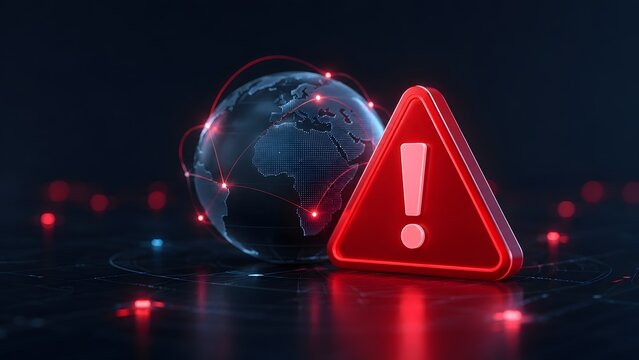 Global Network Warning Concept with Glowing Red Alert Triangle and Earth Globe in Cyber Space