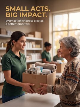 Volunteer handing food donation box to senior citizen woman with assistance generosity charitable supporting
