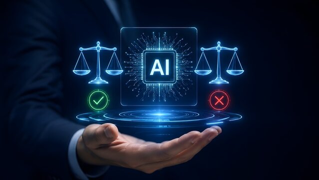 Businessman hand holding glowing artificial intelligence hologram with justice scales representing AI ethics and legal compliance