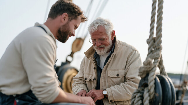Nautical rigger and elderly harbor master examining a secondhand rope block and tackle at an overcast maritime thrift store, intergenerational expertise shared over secondhand