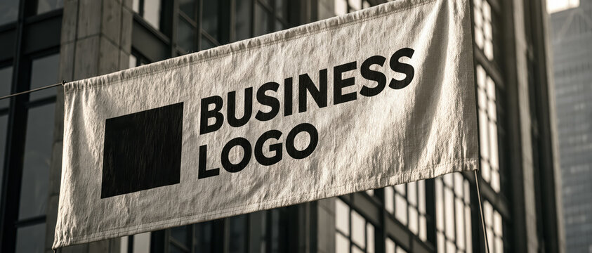 Business logo vertical banner hanging sign blank mockup fabric banner black rectangle exterior wall urban building
