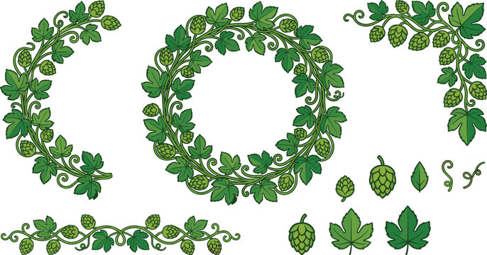 Green hop cones and leaves vector set with circular wreath corner frame border dividers and design elements