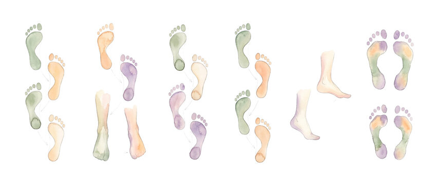 Watercolor footprints walking feet set displaying human gait cycle and movement sequence on isolated white background for podiatry medical health concept watercolor art design asset illustration