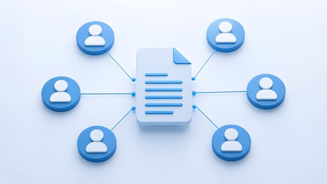 3D illustration of a document connected to multiple user profile icons representing team collaboration and digital file sharing