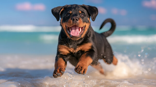 Happy puppy jumping on beach with blue sea and blurred sky, black and tan dog in midair splash