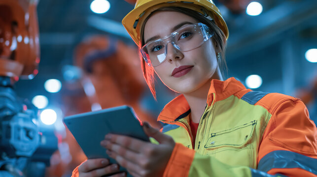 Female engineer using tablet in industrial workshop, wearing hard hat and safety glasses