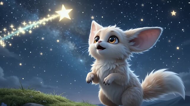 Cute Fennec Fox Cub Sitting on Grassy Hill Under Starry Night Sky, Whimsical Fantasy Creature