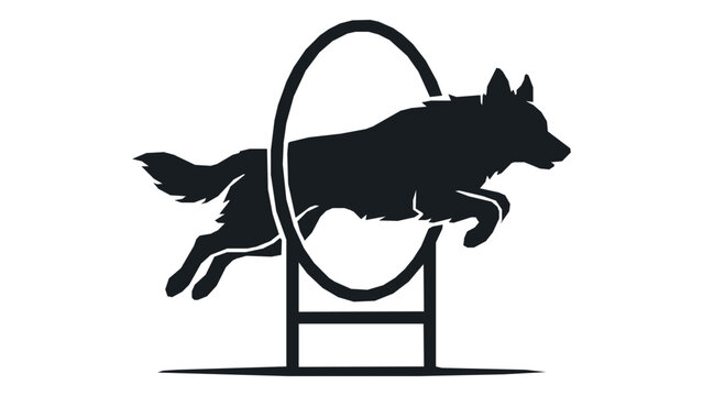 Agile dog leaps through a hoop in a silhouette illustration of agility training.