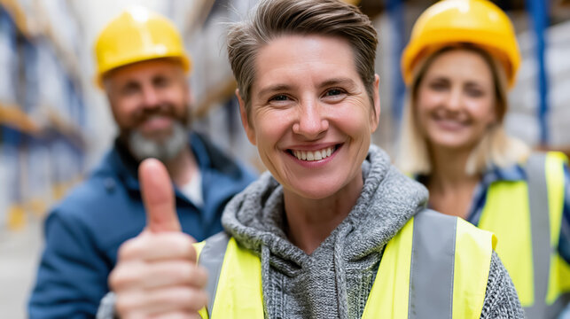 Smiling warehouse worker in safety vest and hard hat with team celebrating success