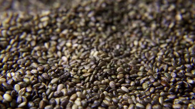 Extreme close-up of a pile of black chia seeds. A rack focus shot showing the detailed texture and pattern of the healthy superfood