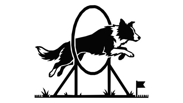 Border Collie agility dog jumping through hoop, black and white canine sports silhouette, athletic sheepdog training vector illustration