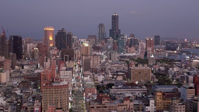 Aerial view of Kaohsiung City at dusk, southern Taiwan. 