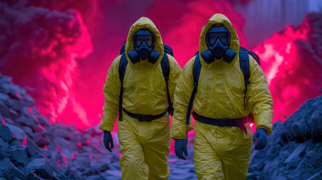 Hazmat suit gas mask protective suit yellow suit toxic smoke two person men emergency disaster pollution chemical danger safety contamination