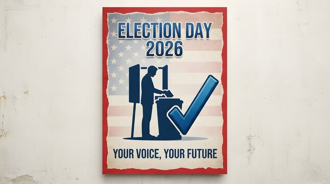 Election day 2026 poster with a silhouette of a person voting, american flag background, and a large checkmark symbol