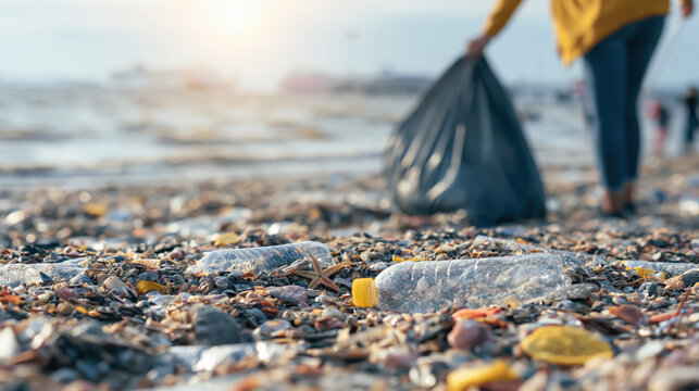 Beach trash cleanup volunteer garbage bag plastic bottle polluted shore litter coastal cleanup beach waste