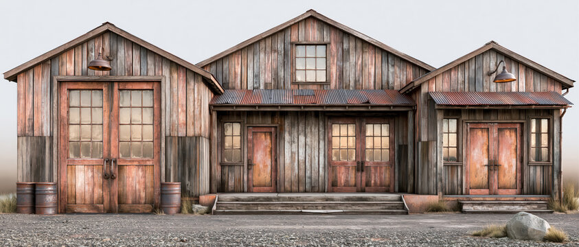 Weathered wooden warehouse facade with rustic windows, corrugated roof, and empty gravel foreground for backdrop use