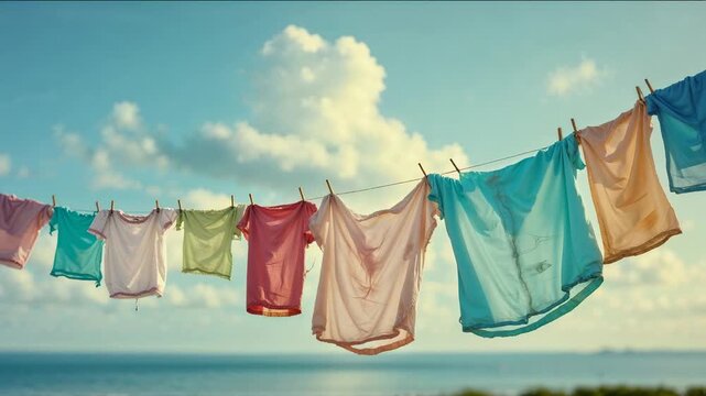 Clothes dry on a line by the beach under a blue sky with clouds
