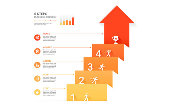 Infographic Staircase Step Business Growth timeline with 4 Step Arrow Process and Concepts for Success Diagram Background