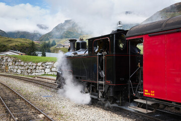 Dampflokomotive vom Furka-Zug in Realp in der Schweiz. Furka Steam Railway in Realp, Switzerland. © Schlesier