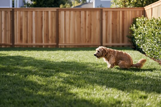 Dog urinating on a healthy backyard lawn, demonstrating a pet friendly grass surface designed to withstand everyday pet use. Ideal concept for lawn care, landscaping and pet safe outdoor living