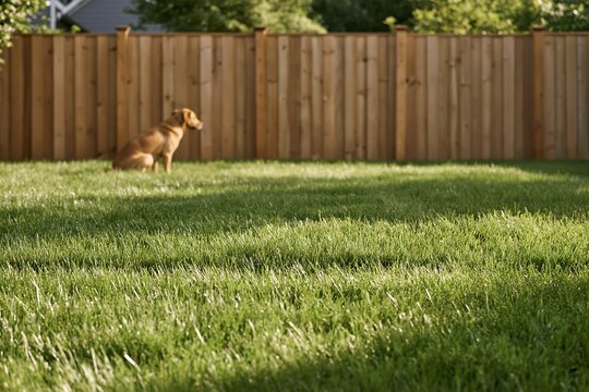 Healthy green lawn with a dog using a designated toilet area in a fenced backyard. Pet friendly landscaping concept with large copy space for lawn care and outdoor living advertising