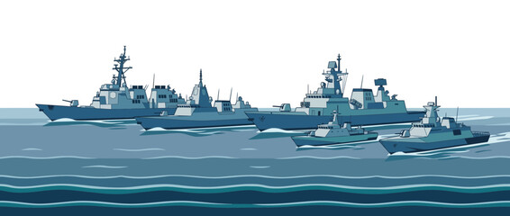Naval fleet of modern warships sailing together on the sea, military illustration © aqwel