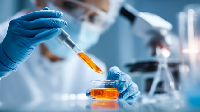 Scientist conducts experiment in laboratory with pipette and petri dish during research on microbial growth in controlled conditions