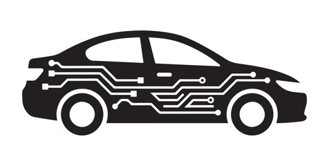 Obraz premium Car silhouette with circuit board lines represents smart automotive technology, electric vehicle systems, autonomous driving, and modern mobility.