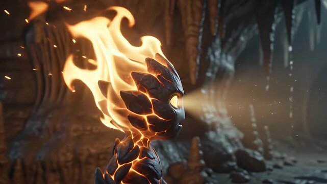 Cute fiery elemental creature walking in a dark cave with stalactites and stalagmites, fantasy character concept