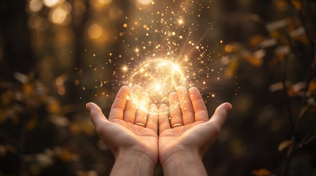 Close up of female hands holding a glowing magical orb with sparkling light particles floating in the air, symbolizing hope, dreams, spirituality, or supernatural energy concepts.
