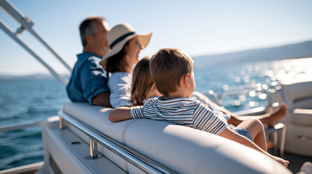 Grandparents and grandkids photographed from behind enjoying a pontoon boat ride on a bright lake faceless rear view group at the railing clean blue water and sky pontoon boat