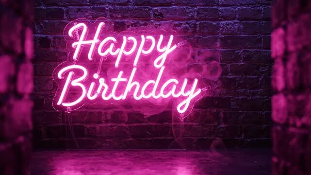 Neon Pink Happy Birthday Script Glowing Softly in Centered Composition with Deep Violet Ambient Light