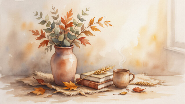 Minimalist autumn home decor watercolor studio backdrop with warm evening glow