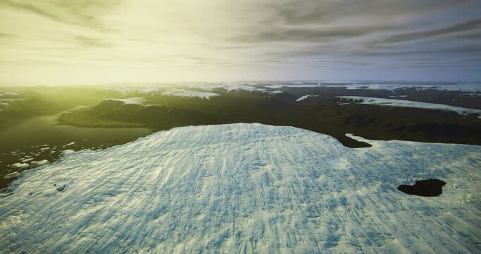 Aerial ice floe posing navigational risk, scattered bergs near shipping route, visibility reduced by low light, scene suitable for maritime safety, insurance