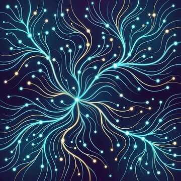 Abstract Digital Neural Network Illustration with Glowing Cyan and Gold Lines and Nodes