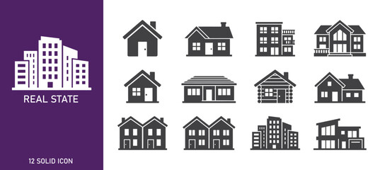 Fototapeta premium Real estate icon set. Containing home, cottage, apartment, villa icons. Vector illustration