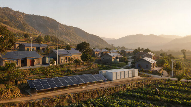 Aerial view of a remote mountain village with solar panels installed in a rural agricultural landscape at sunrise