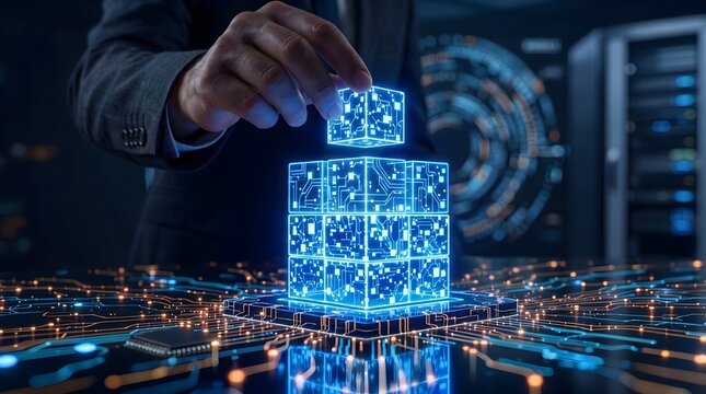 A male executive's hand adds a neon blue digital cube to a glowing technological pyramid structure on a motherboard. Symbolizes data structure and AI strategy
